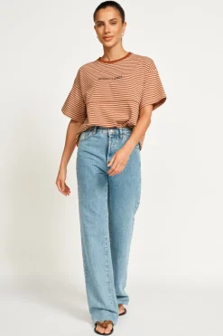 Apero Tops|Vintage Drop Shoulder Cropped Tee - Brown/Tan Stripe