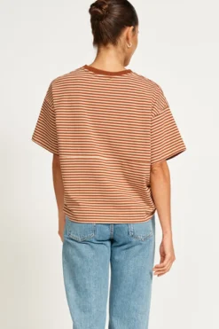 Apero Tops|Vintage Drop Shoulder Cropped Tee - Brown/Tan Stripe