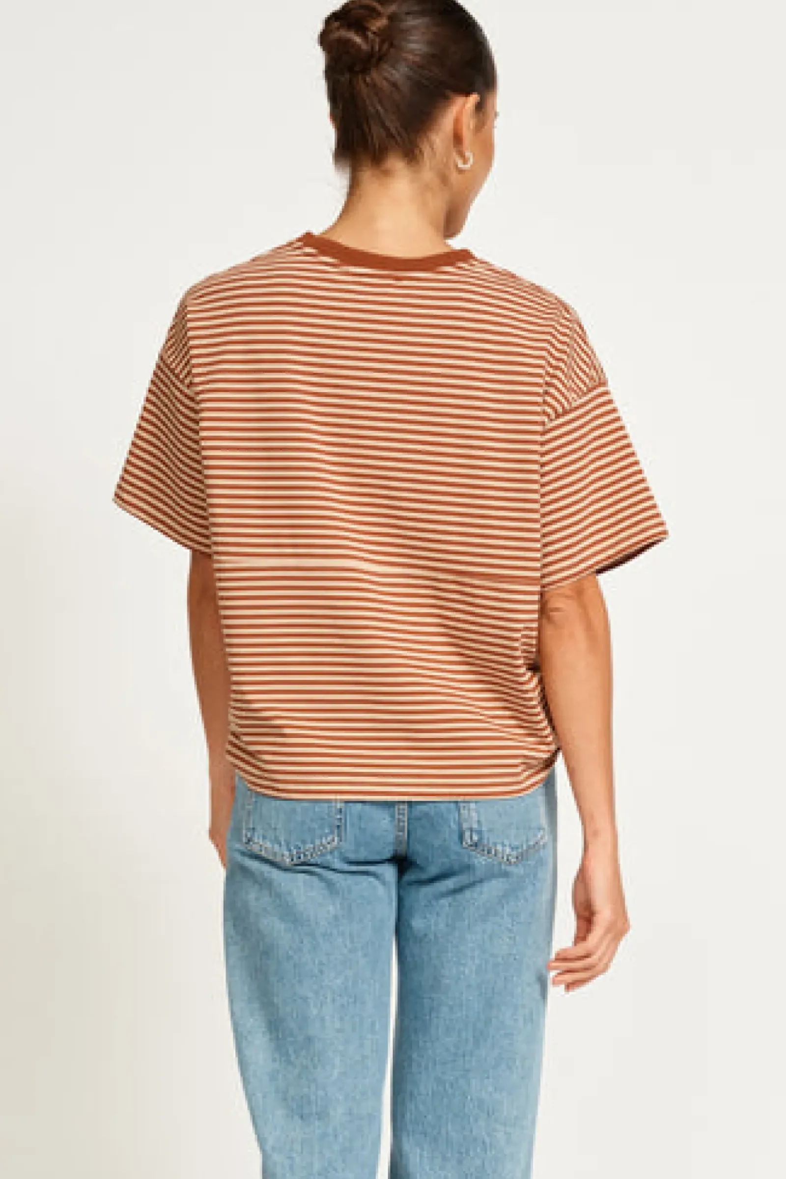 Apero Tops|Vintage Drop Shoulder Cropped Tee - Brown/Tan Stripe
