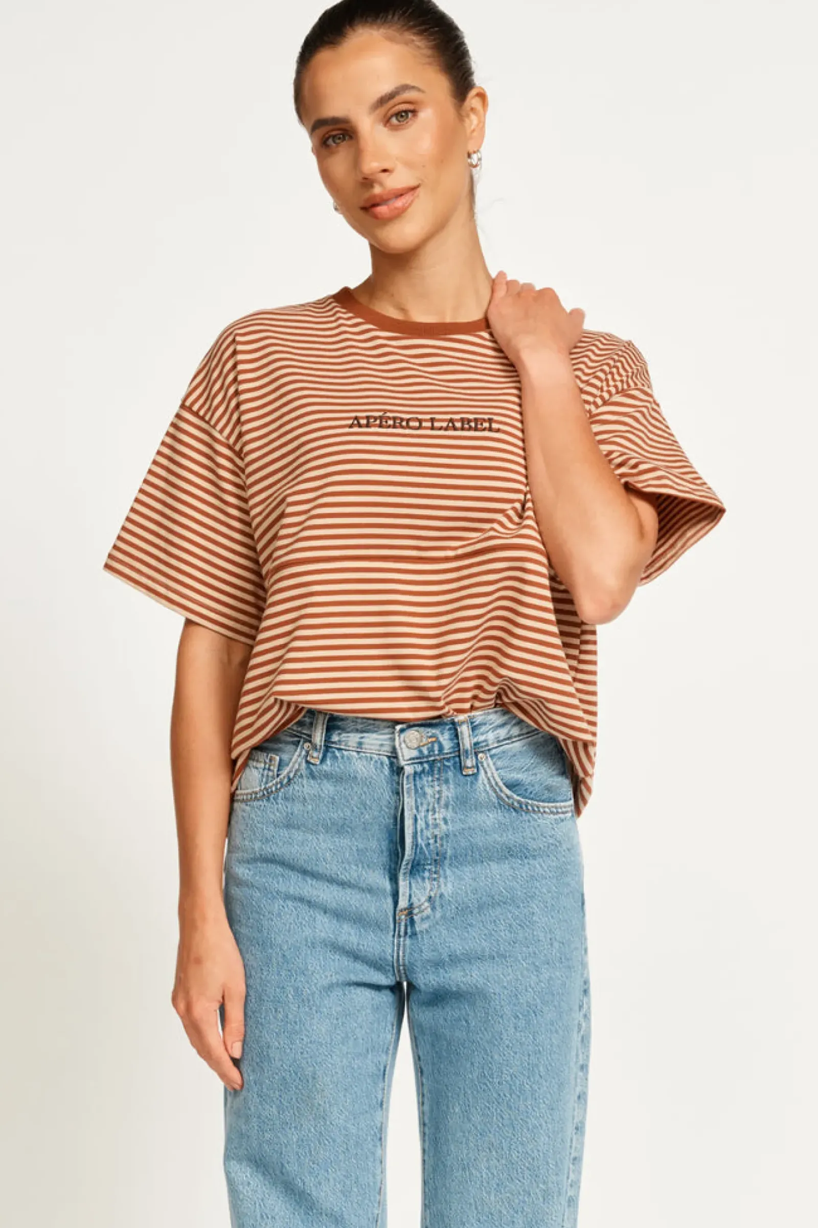 Apero Tops|Vintage Drop Shoulder Cropped Tee - Brown/Tan Stripe