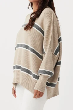 ARCAA Knitwear|Jumpers|Harper Stripe Sweater - Taupe, Cream & Dark Grey Marle