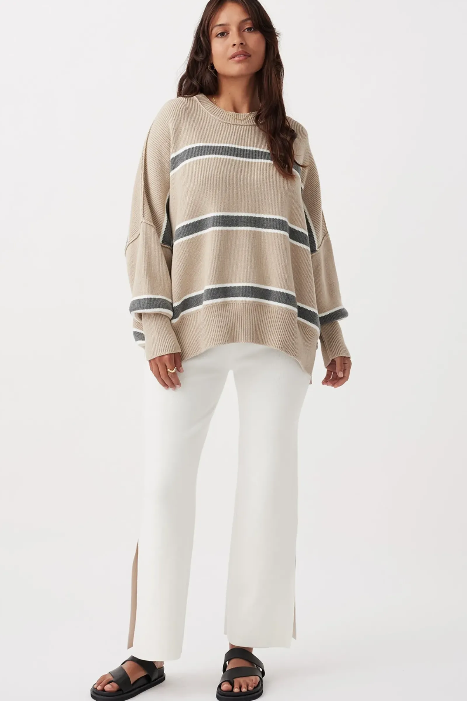 ARCAA Knitwear|Jumpers|Harper Stripe Sweater - Taupe, Cream & Dark Grey Marle