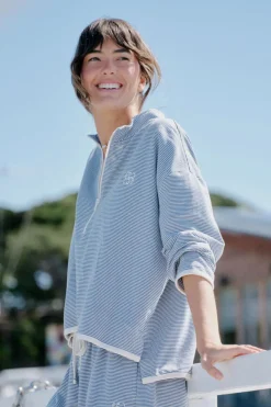 Ceres Life Tops|Boxy Zip Sweat - Moonlight Fine Stripe