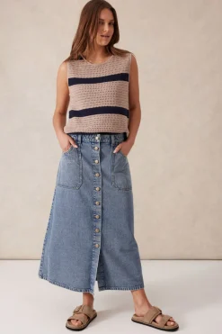 Ceres Life Skirts|Button Through Denim Midi Skirt - Mid Vintage Blue