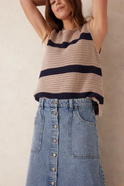 Ceres Life Skirts|Button Through Denim Midi Skirt - Mid Vintage Blue
