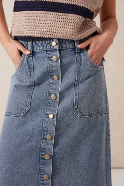Ceres Life Skirts|Button Through Denim Midi Skirt - Mid Vintage Blue