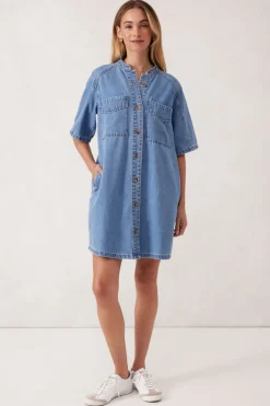 Ceres Life Dresses|Collarless Relaxed Short Sleeve Denim Dress - Vintage Blue