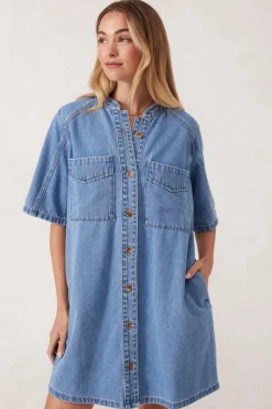 Ceres Life Dresses|Collarless Relaxed Short Sleeve Denim Dress - Vintage Blue