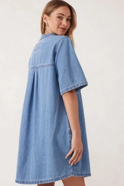 Ceres Life Dresses|Collarless Relaxed Short Sleeve Denim Dress - Vintage Blue