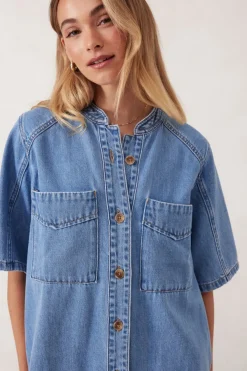 Ceres Life Dresses|Collarless Relaxed Short Sleeve Denim Dress - Vintage Blue