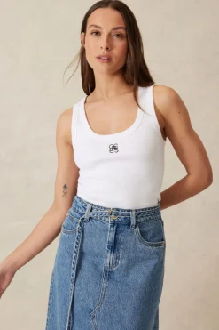 Ceres Life Tops|Contour Rib Scoop Tank - White/Black Monogram Embroidery