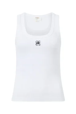 Ceres Life Tops|Contour Rib Scoop Tank - White/Black Monogram Embroidery