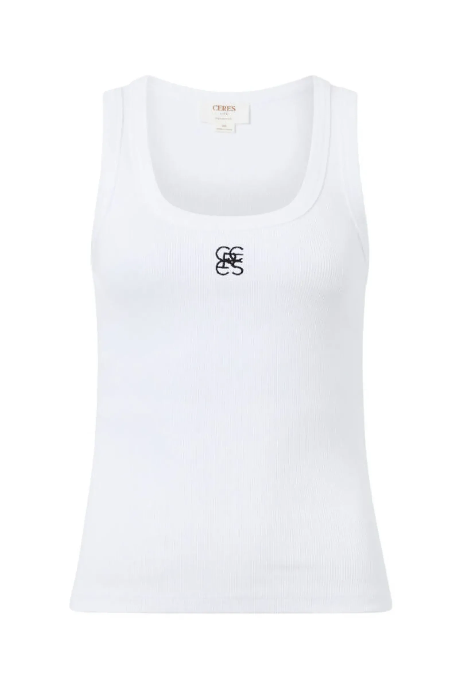 Ceres Life Tops|Contour Rib Scoop Tank - White/Black Monogram Embroidery
