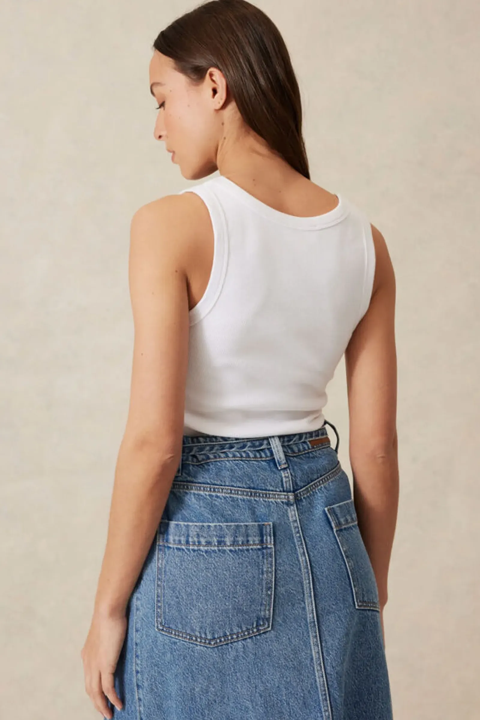 Ceres Life Tops|Contour Rib Scoop Tank - White/Black Monogram Embroidery