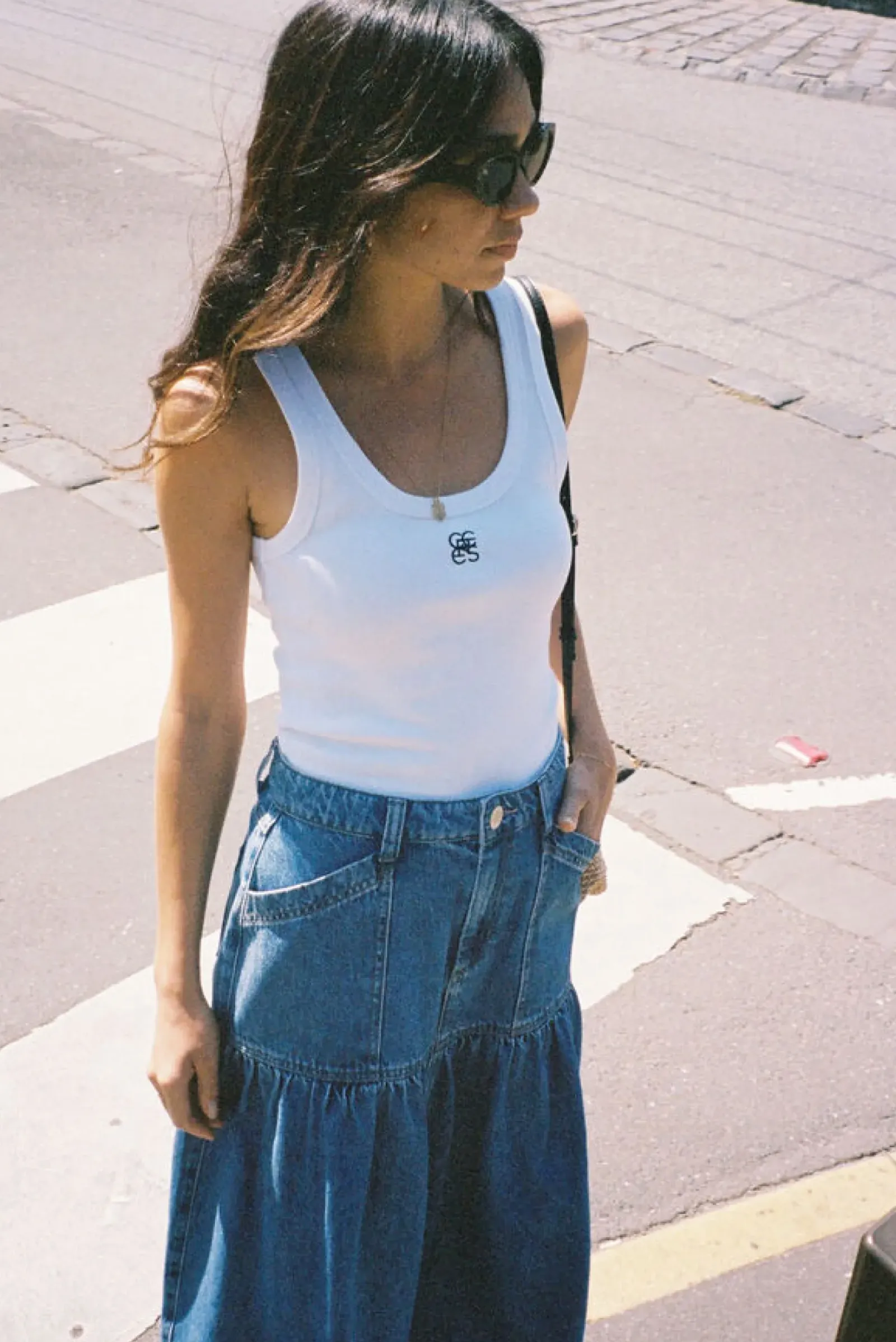 Ceres Life Tops|Contour Rib Scoop Tank - White/Black Monogram Embroidery