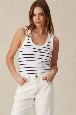 Ceres Life Tops|Contour Rib Scoop Tank - White/New Navy Monogram Embroidery