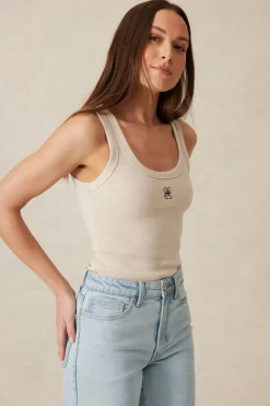 Ceres Life Tops|Contour Rib Scoop Tank - Oatmeal/Black Monogram Embroidery