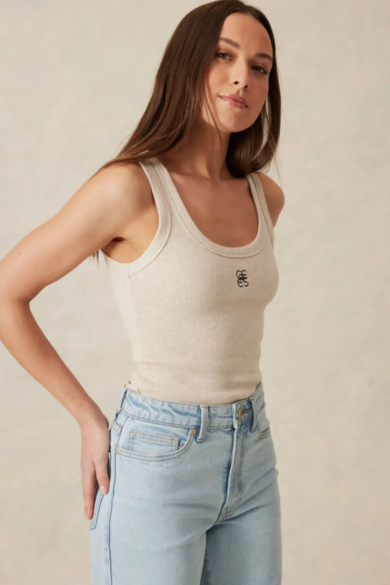 Ceres Life Tops|Contour Rib Scoop Tank - Oatmeal/Black Monogram Embroidery