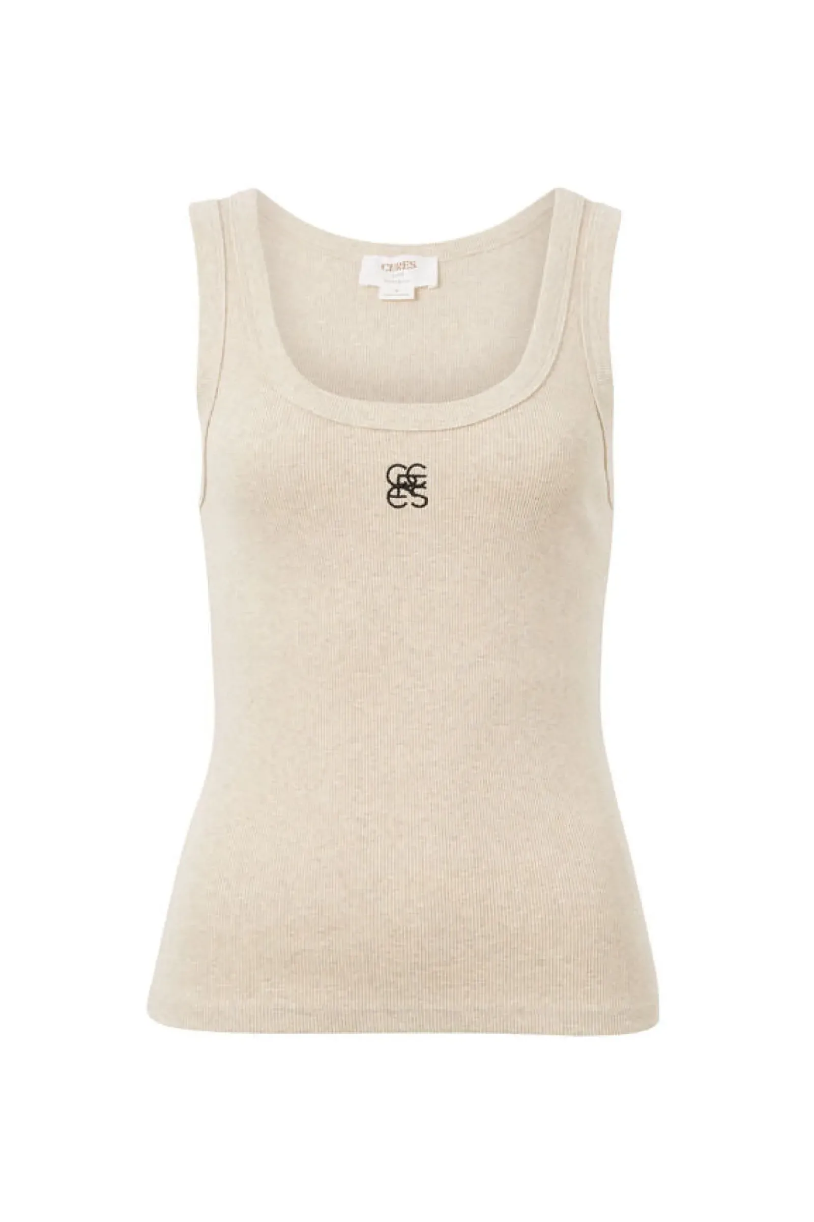 Ceres Life Tops|Contour Rib Scoop Tank - Oatmeal/Black Monogram Embroidery