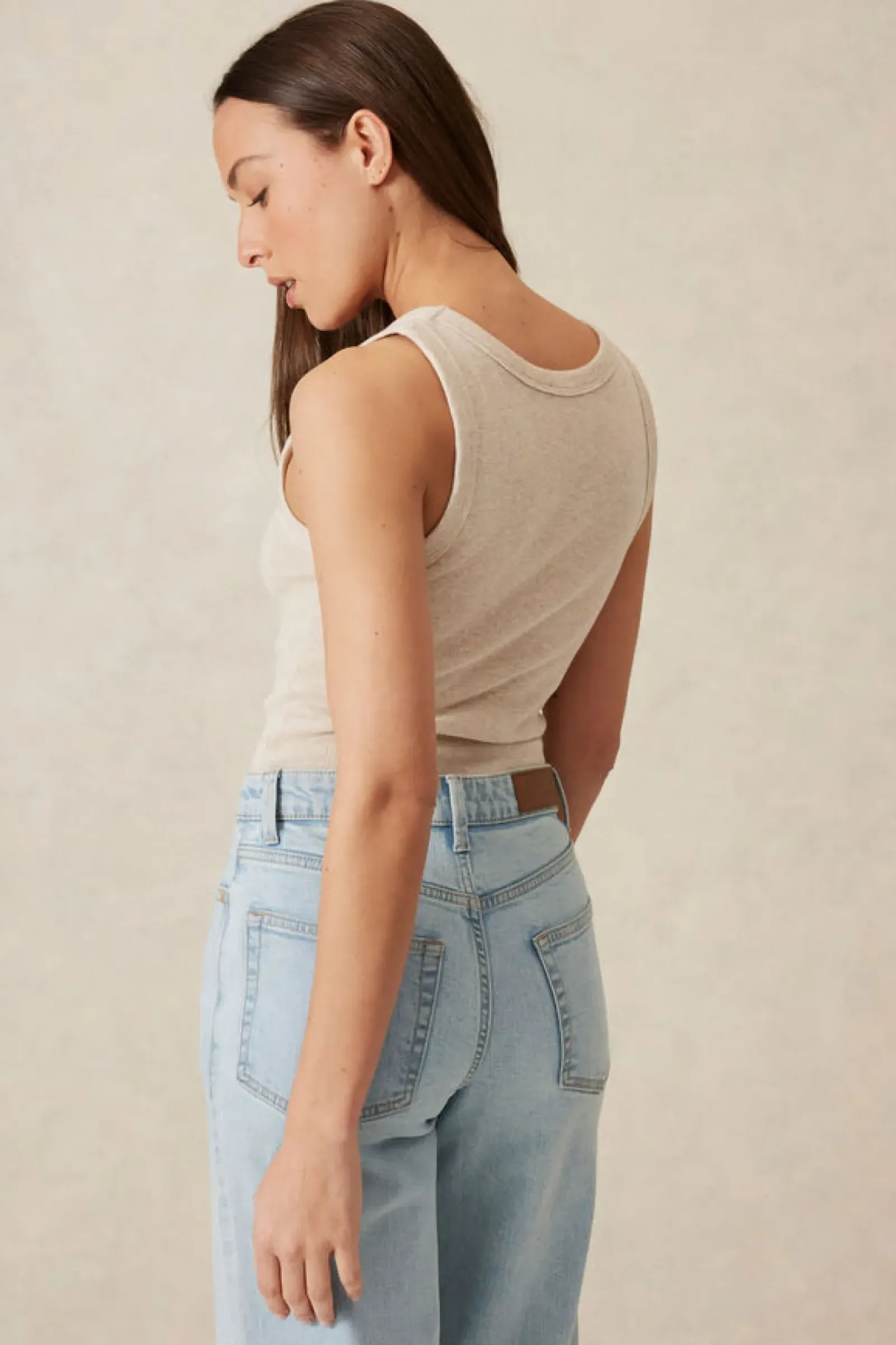 Ceres Life Tops|Contour Rib Scoop Tank - Oatmeal/Black Monogram Embroidery