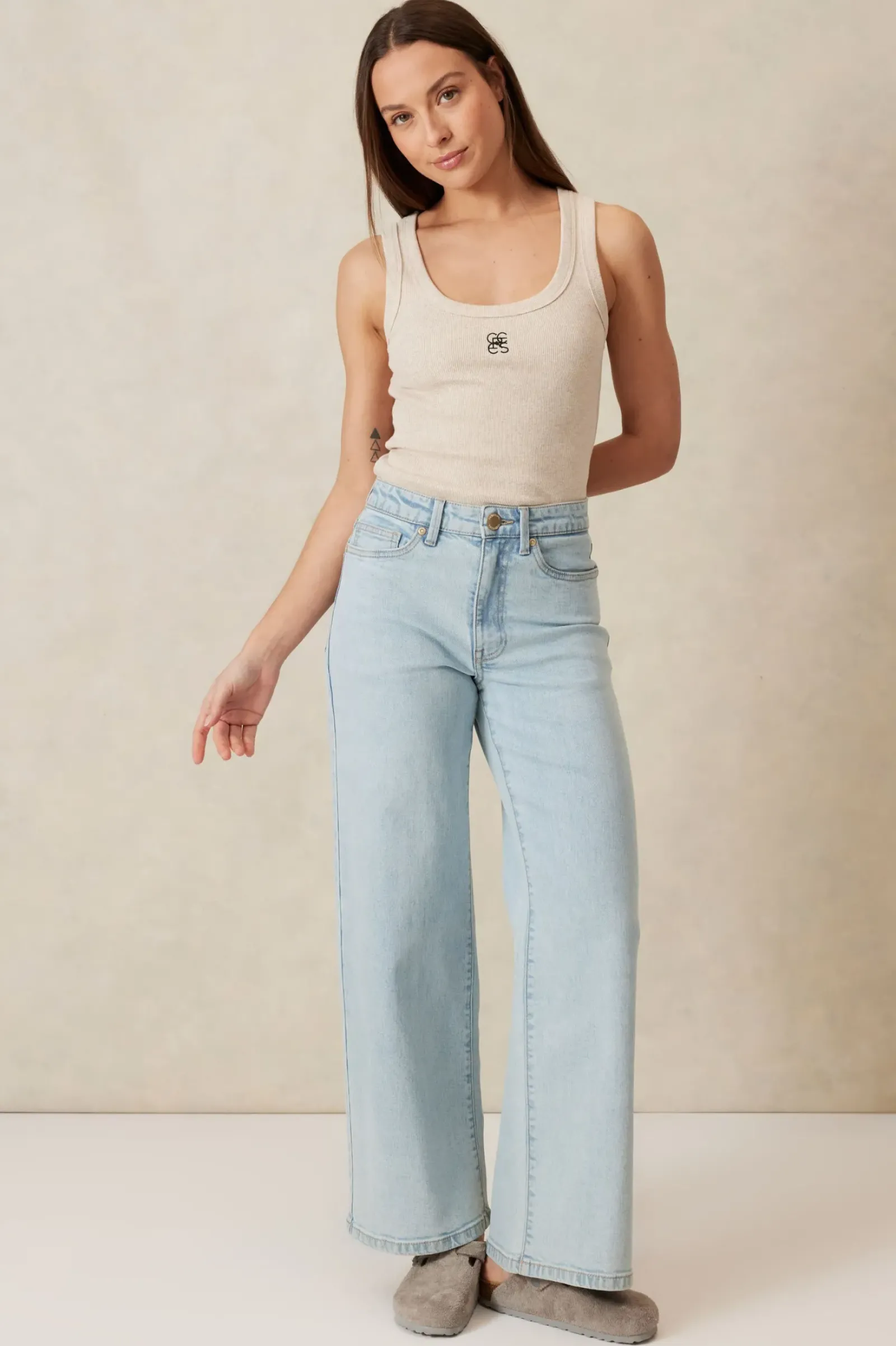Ceres Life Tops|Contour Rib Scoop Tank - Oatmeal/Black Monogram Embroidery