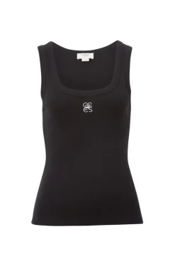 Ceres Life Tops|Contour Rib Scoop Tank - Black/White Monogram Embroidery