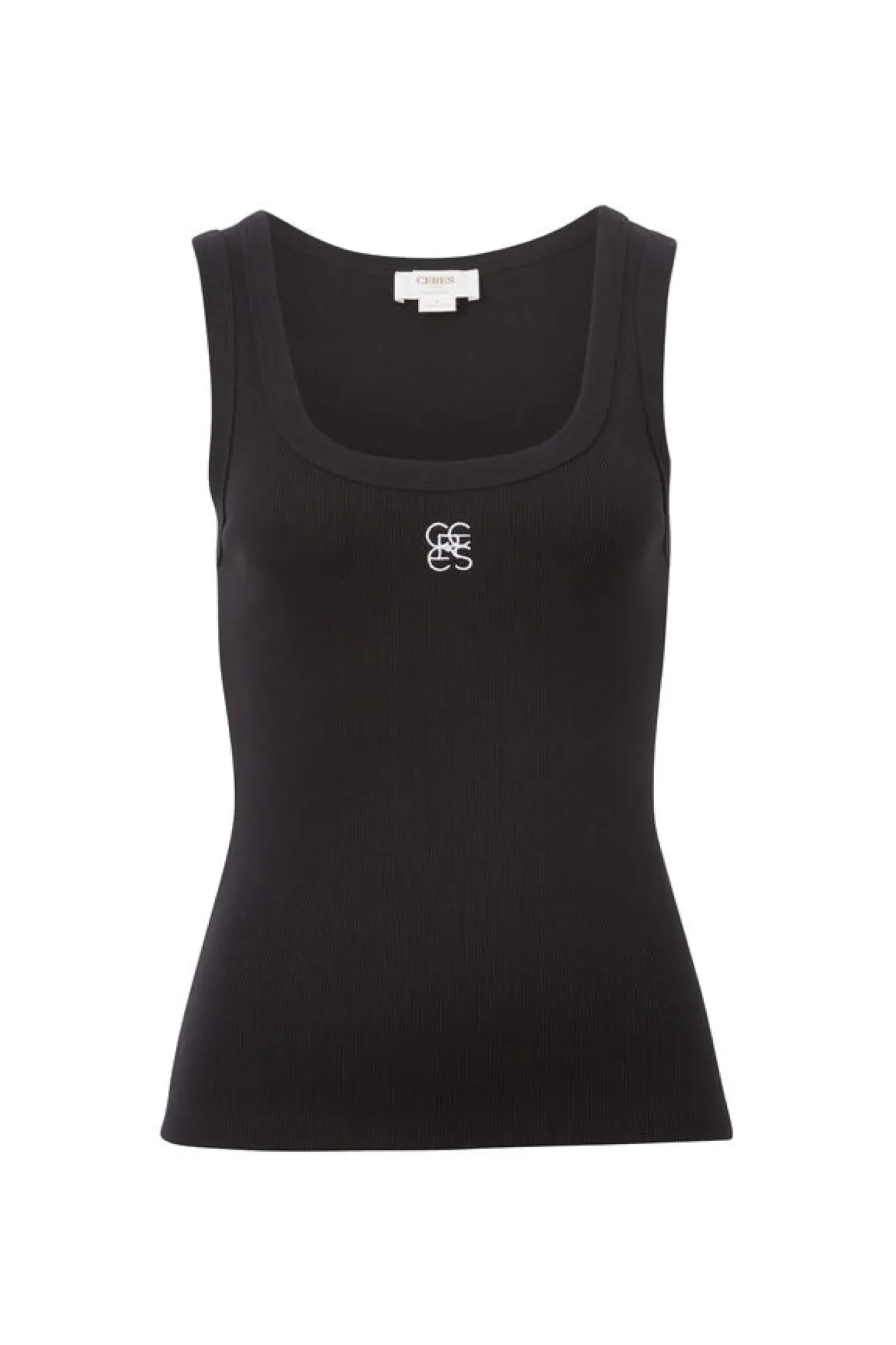 Ceres Life Tops|Contour Rib Scoop Tank - Black/White Monogram Embroidery