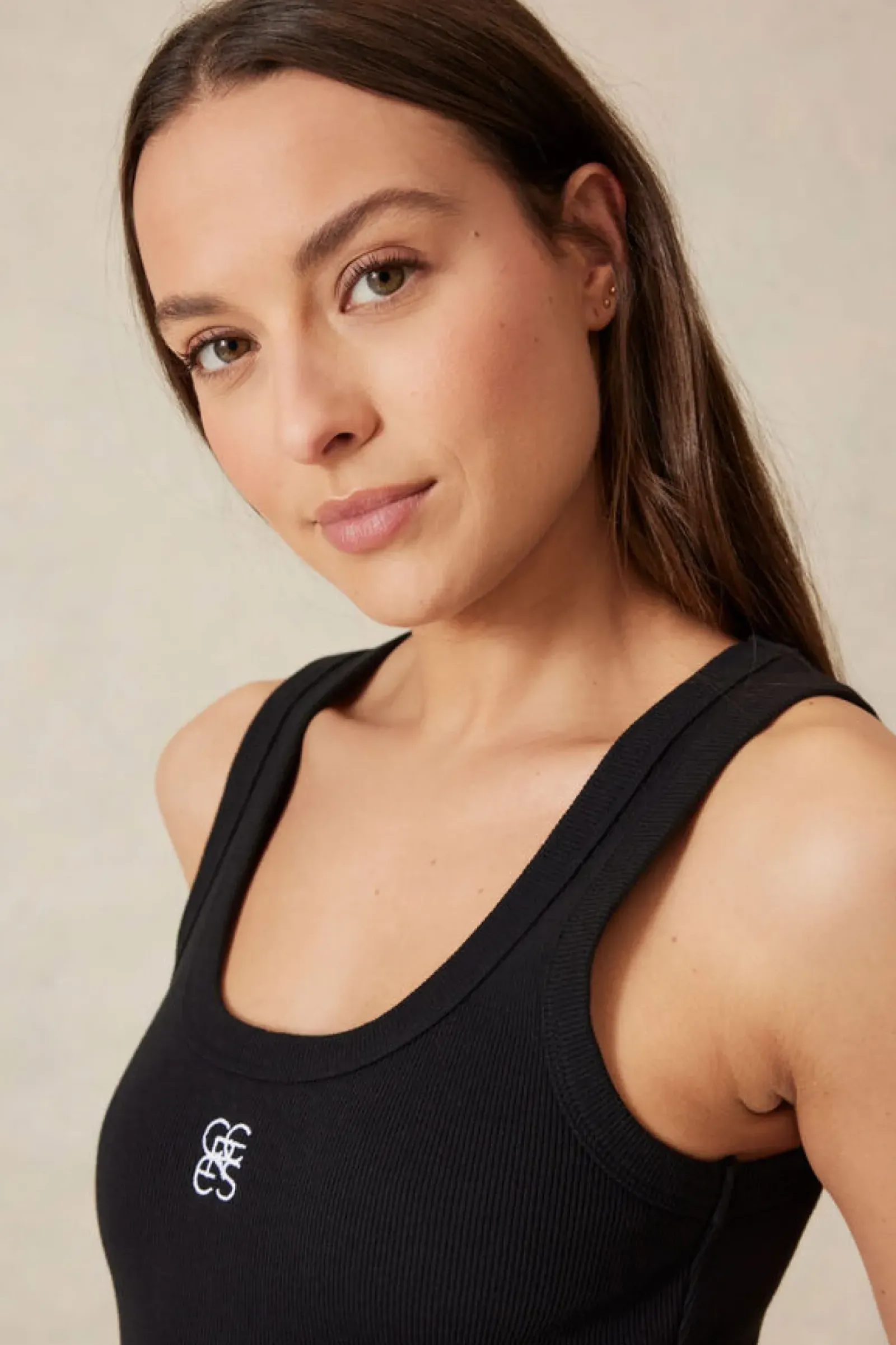 Ceres Life Tops|Contour Rib Scoop Tank - Black/White Monogram Embroidery
