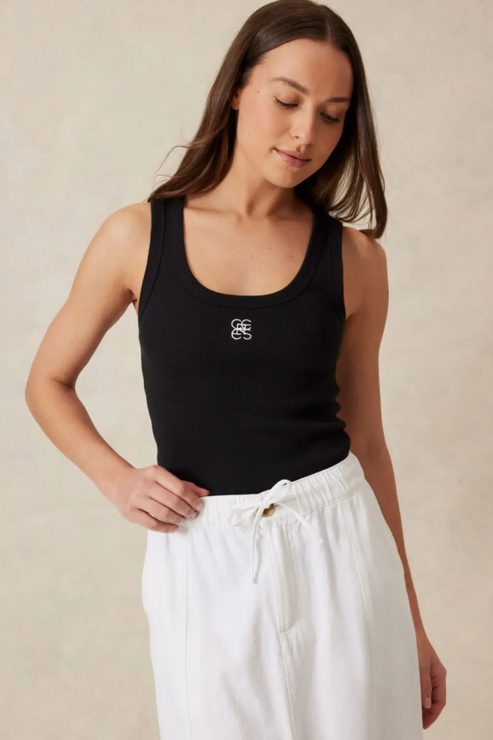 Ceres Life Tops|Contour Rib Scoop Tank - Black/White Monogram Embroidery