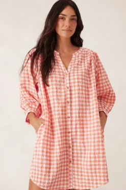 Ceres Life Dresses|Crinkle Mini Dress - Coral/White Gingham