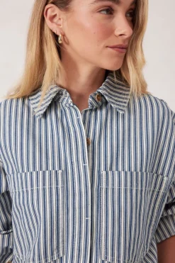 Ceres Life Tops|Curved Hem Shacket - Lagoon Blue Stripe