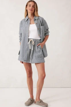 Ceres Life Tops|Curved Hem Shacket - Lagoon Blue Stripe