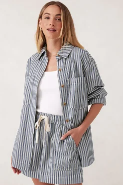 Ceres Life Tops|Curved Hem Shacket - Lagoon Blue Stripe