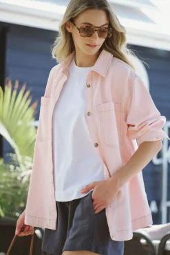 Ceres Life Tops|Curved Hem Shacket - Washed Coral Stripe