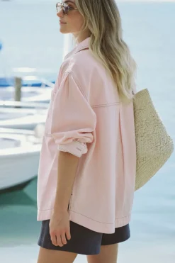 Ceres Life Tops|Curved Hem Shacket - Washed Coral Stripe