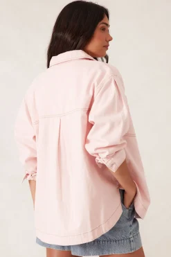 Ceres Life Tops|Curved Hem Shacket - Washed Coral Stripe
