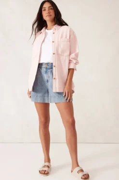 Ceres Life Tops|Curved Hem Shacket - Washed Coral Stripe