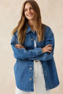 Ceres Life Tops|Denim Side Pocket Shacket - Fresh Indigo