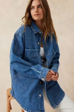Ceres Life Tops|Denim Side Pocket Shacket - Fresh Indigo