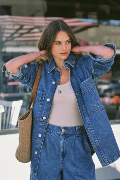 Ceres Life Tops|Denim Side Pocket Shacket - Fresh Indigo