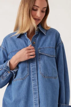Ceres Life Tops|Essentials Denim Shirt- Mid Blue Wash