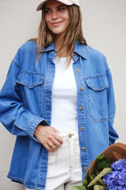 Ceres Life Tops|Essentials Denim Shirt- Mid Blue Wash