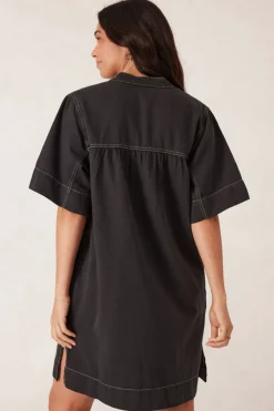 Ceres Life Dresses|Half Placket Tunic Dress- Black Twill