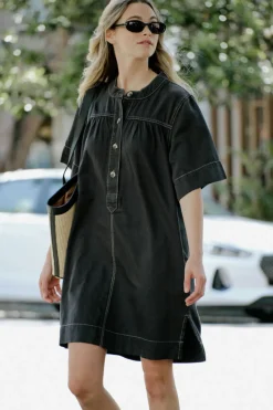 Ceres Life Dresses|Half Placket Tunic Dress- Black Twill