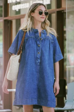 Ceres Life Dresses|Half Placket Tunic Dress - Fresh Indigo
