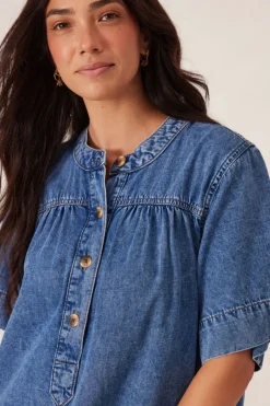 Ceres Life Dresses|Half Placket Tunic Dress - Fresh Indigo