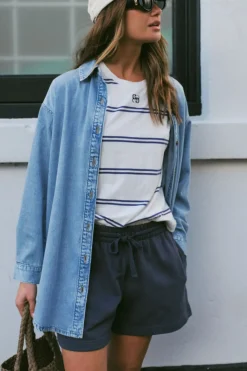 Ceres Life Tops|Longline Denim Shirt - Vintage blue