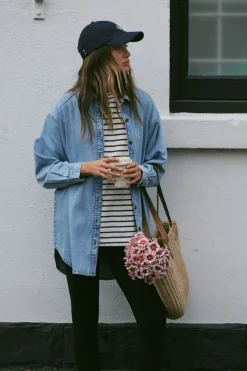 Ceres Life Tops|Longline Denim Shirt - Vintage blue