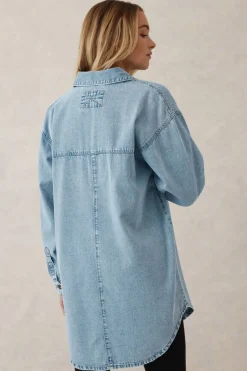 Ceres Life Tops|Longline Denim Shirt - Vintage blue
