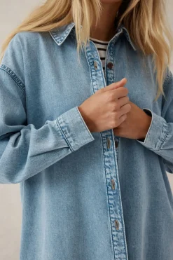 Ceres Life Tops|Longline Denim Shirt - Vintage blue